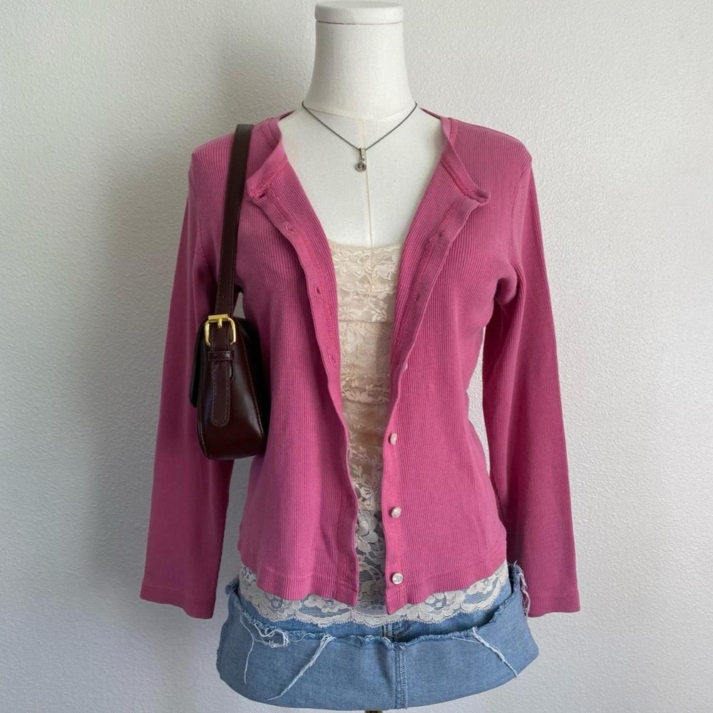 Vintage Y2K Liz Claiborne Lizwear Pink Button Up Cardigan Preppy Ribbed